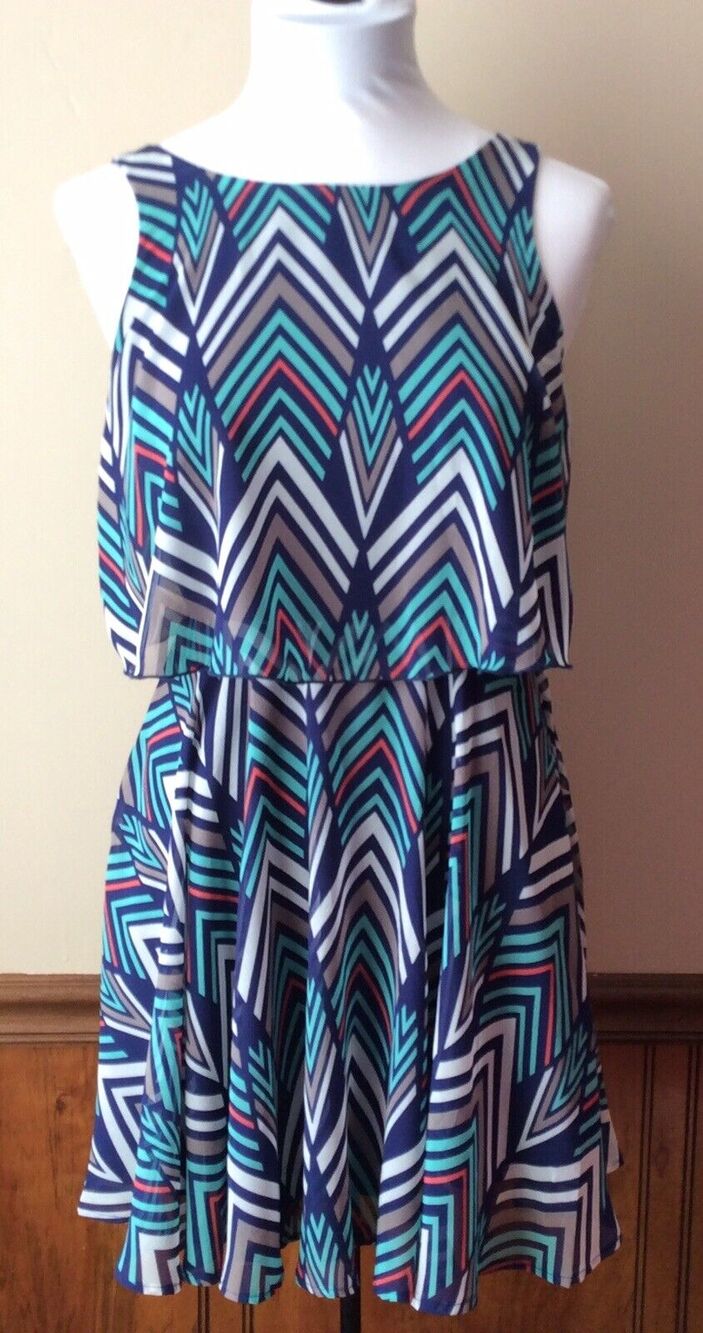 Sequin Hearts Women’s Dress Size 3 Sleeveless Chevron Design BlueTeal BeigeCoral